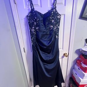 Navy Blue Embellished Satin Evening Dress